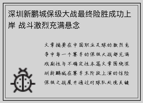 深圳新鹏城保级大战最终险胜成功上岸 战斗激烈充满悬念
