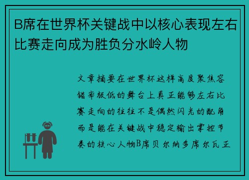B席在世界杯关键战中以核心表现左右比赛走向成为胜负分水岭人物